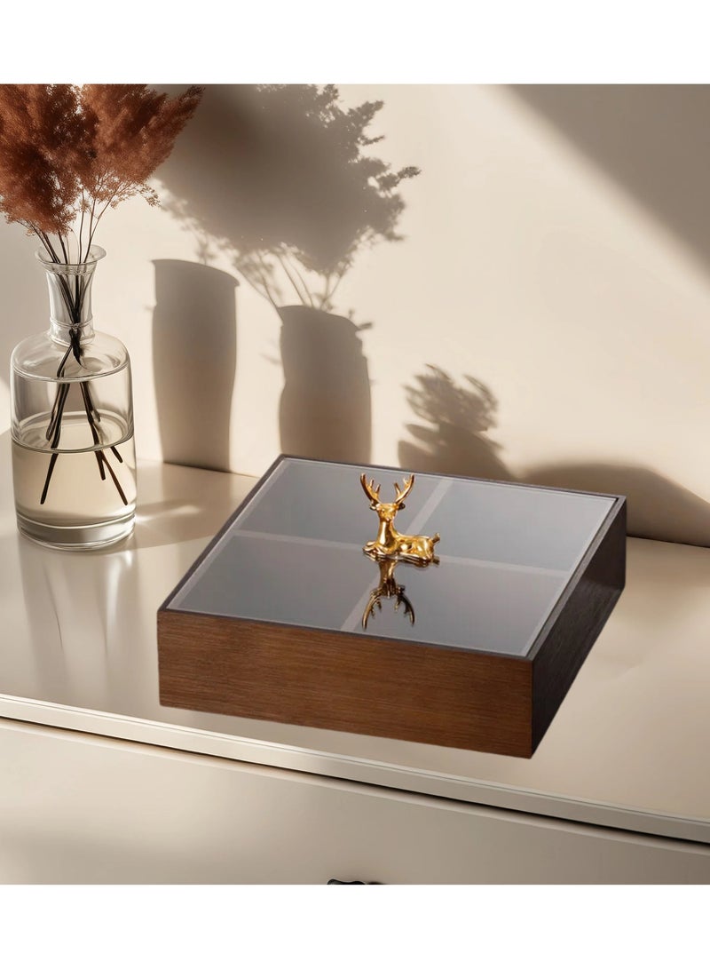 Solid Wood Dates Box with 4 Grids - Gold Deer Accent & Frosted Glass Cover, Ramadan Serving Storage for Dates/Candy,home decor - Image 3